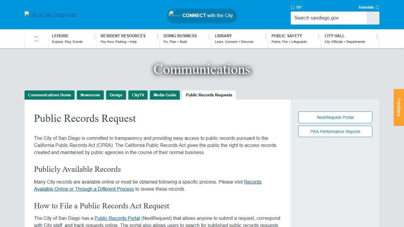 Public Records Request City of San Diego Official Website